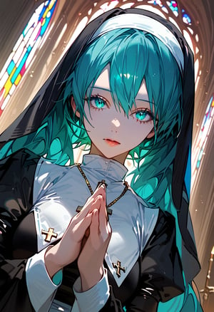 score_9, score_8_up, score_7_up, source_anime, masterpiece, high detailed,very aesthetic, hatsune_miku_(append), vocaloid, 1girl, aqua_hair, aqua_eyes, detailed gorgeous eyes, perfect face, detailed face, pray in the church, detailed background, nun clothes, dutch_angle, god rays, concept art,