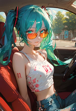 score_9, score_8_up, score_7_up, source_anime, masterpiece, high detailed,very aesthetic, hatsune_miku_(append), vocaloid, 1girl, aqua_hair, aqua_eyes, detailed gorgeous eyes, perfect face, detailed face, driving luxury car, detailed background, Pop-art print crop top, Brightly colored skinny jeans, Neon sunglasses, dutch_angle, god rays, concept art,