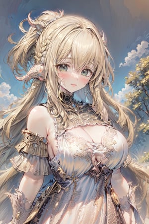 masterpiece, top quality, best quality, beautiful and aesthetic,
1girl,aayugiri(final fantasy),horns,solo, upper body, (breasts), flower, hair ornament, looking at viewer, cleavage,light smile, collarbone, huge breasts, bangs, ,(white dress:2.0), hair between eyes, front-tie top, blush,lake,tree, cloudy sky,night,bare shoulders,underboob,sideboob,perky breasts,
extreme detailed,highest detailed, optical mixing, playful patterns, lively texture, unique visual effect,green eyes,(blonde hair:2.0),ponytail ,long hair,scales on neck,white horns,eyelashes,blonde eyelashes,eyeshadow,front-tie bra,wavy hair,bright pupils,pupil contour,light green pupil contour,blush,big breasts,large breast,long horns,mature female,ff14bg,lace-trimmed bra,curvy,lace-trimmed dress,red hair ribbon,