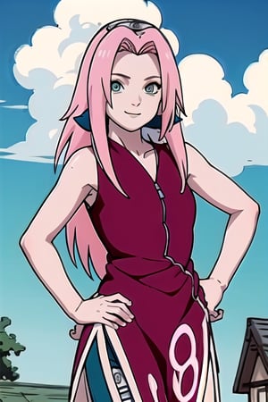 masterpiece, best quality, 1girl,haruno sakura, pink hair, long hair, green eyes, forehead protector, smile, hands on hips, blue sky, cloud, hidden village 