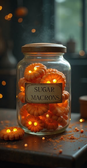 witchy ritualistic alchemy insanely detailed macro textured poster close up magic  glistening transparent  pumpkin jar with vintage label with text saying "Sugar MACRONS" full of detailed Macron-face-formed big pickles with eyes placed on the table in room, cute transparent flying out  white ghosts. cookies  sparks, glitter beautiful style ultra detailed complex analog raw photo window, stars Hudson River School, Repin Kuindzhi expressive brushstrokes mixed with wash masterpiece , transparence intricated lighting, dynamic shadow play sparks , water air perspective high deepness cinematic foggy