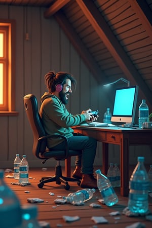 a weirdo sitting at a wooden desk in an Attic with a little Keanu Reeves beard and haedphones playing video games on a PS5, surrounded with distroyed plastic bottles of water and is overexcited and over angry, intricate details, high quality, 8k ,cartoon-network.