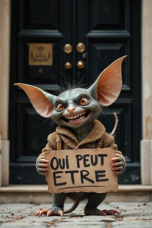 A mischievous gremlin in front of the front door of the Palace of the Elysée. The gremlin has big ears, sharp teeth, and a mischievous grin. He looks like Emmanuel Macron and holds a sign with the bold text "OUI PEUT ETRE" stands out, creating a fun and chaotic atmosphere. The gremlin looks playful and cunning as he causes trouble in the environment.