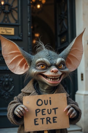 A mischievous gremlin in front of the front door of the Palace of the Elysée. The gremlin has big ears, sharp teeth, and a mischievous grin. He looks like Emmanuel Macron and holds a sign with the bold text "OUI PEUT ETRE" stands out, creating a fun and chaotic atmosphere. The gremlin looks playful and cunning as he causes trouble in the environment.