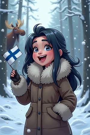 a young woman with dark long really frozen hair is wearing a fur coat in a forest covered in snow. She overshivers with overchattering teeth. A smiling Moose is in the background. She waves a little finnish flag, intricate details, high quality, 8k ,cartoon-network.