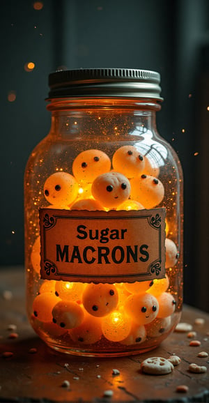 witchy ritualistic alchemy insanely detailed macro textured poster close up magic  glistening transparent  pumpkin jar with vintage label with text saying "Sugar MACRONS" full of detailed Macron-face-formed big pickles with eyes placed on the table in room, cute transparent flying out  white ghosts. cookies  sparks, glitter beautiful style ultra detailed complex analog raw photo window, stars Hudson River School, Repin Kuindzhi expressive brushstrokes mixed with wash masterpiece , transparence intricated lighting, dynamic shadow play sparks , water air perspective high deepness cinematic foggy