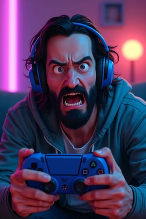 a weirdo with a little Keanu Reeves beard and haedphones playing video games on a PS5, overexcited and over angry, intricate details, high quality, 8k ,cartoon-network.