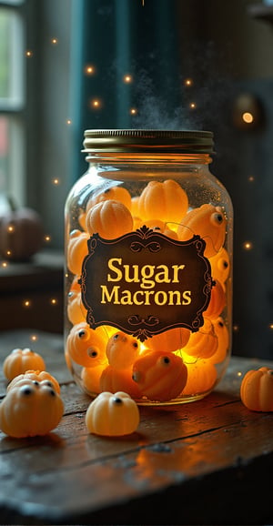 witchy ritualistic alchemy insanely detailed macro textured poster close up magic  glistening transparent  pumpkin jar with vintage label with text saying "Sugar MACRONS" full of detailed Macron-face-formed big pickles with eyes placed on the table in room, cute transparent flying out  white ghosts. cookies  sparks, glitter beautiful style ultra detailed complex analog raw photo window, stars Hudson River School, Repin Kuindzhi expressive brushstrokes mixed with wash masterpiece , transparence intricated lighting, dynamic shadow play sparks , water air perspective high deepness cinematic foggy