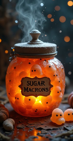 witchy ritualistic alchemy insanely detailed macro textured poster close up magic  glistening transparent  pumpkin jar with vintage label with text saying "Sugar MACRONS" full of detailed Macron-face-formed big jelly candies with eyes placed on the table in room, cute transparent flying out  white ghosts. cookies  sparks, glitter beautiful style ultra detailed complex analog raw photo window, stars Hudson River School, Repin Kuindzhi expressive brushstrokes mixed with wash masterpiece , transparence intricated lighting, dynamic shadow play sparks , water air perspective high deepness cinematic foggy