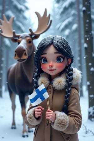 a young woman with dark long really frozen hair is wearing a fur coat in a forest covered in snow. She overshivers with overchattering teeth. A smiling Moose is in the background. She waves a little finnish flag, intricate details, high quality, 8k ,cartoon-network.