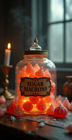 witchy ritualistic alchemy insanely detailed macro textured poster close up magic  glistening transparent  pumpkin jar with vintage label with text saying "Sugar MACRONS" full of detailed Macron-face-formed big jelly candies  placed on the table in room, cute transparent flying out  white ghosts. cookies  sparks, glitter beautiful style ultra detailed complex analog raw photo window, stars Hudson River School, Repin Kuindzhi expressive brushstrokes mixed with wash masterpiece , transparence intricated lighting, dynamic shadow play sparks , water air perspective high deepness cinematic foggy