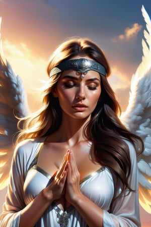 ((Generate hyper realistic captivating scene featuring a beautiful female angel with a blindfold praying)) rich intrincate detailed, long dark hair, 16k resolution, masterpiece, highly complex setting, dynamic lighting, breathtaking, ,DonMM1y4XL