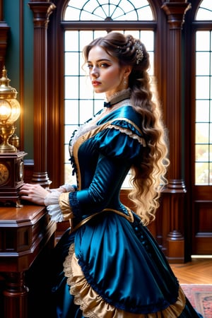 ((Generate hyper realistic captivating scene featuring a beautiful victorian lady)) rich intrincate detailed, long hair, 16k resolution, masterpiece, highly complex setting, dynamic lighting, breathtaking, inside a victorian age house.