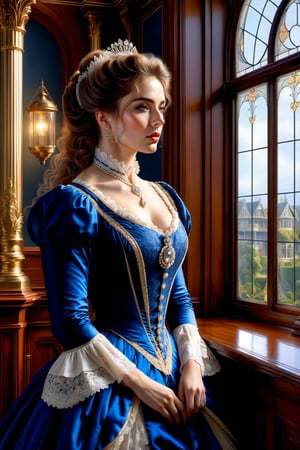 ((Generate hyper realistic captivating scene featuring a beautiful victorian lady)) rich intrincate detailed, long hair, 16k resolution, masterpiece, highly complex setting, dynamic lighting, breathtaking, inside a victorian age house.