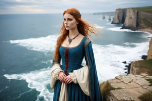 young medieval woman in medieval clothing standing on the edge of a cliff overlooking the rough sea. Realistic, dramatic, ancient jewelry, 