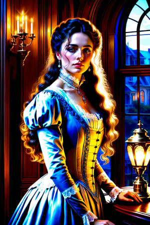 ((Generate realistic captivating scene featuring a beautiful victorian lady)), detailed, long hair, 16k resolution, masterpiece, complex setting, dynamic lighting, breathtaking, inside a victorian age house.