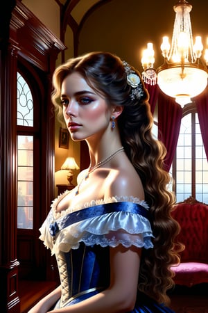 ((Generate realistic captivating scene featuring a beautiful victorian lady)), detailed, long hair, 16k resolution, masterpiece, complex setting, dynamic lighting, breathtaking, inside a victorian age house.