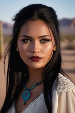(((hyper realistic face)))(((extreme realistic skin detail))) (face with detailed shadows) (masterpiece, highest quality), (realistic, photo_realistic:1.9), ((Photoshoot)) An incredibly beautiful 22-year-old navajo woman, very lovely, with blue eyes, long dark hair, subtle makeup, black eyeliner, and dark red lipstick. She is positioned in the desert. The chosen perspective is a Wide Shot (WS), capturing the entire desert. The camera used is a Canon EOS 5D Mark IV. The selected film is Fujifilm Superia X-Tra 400, providing vivid colors and good performance in various lighting conditions. The lens used is a Sigma 35mm f/1.4 DG HSM Art, offering a wide aperture for capturing details with a beautiful bokeh. The preferred lighting is soft natural light from the desert, creating gentle shadows and enhancing details. sharp focus, 8k, UHD, high quality, frowning, intricate detailed, highly detailed, hyper-realistic.
,photo r3al