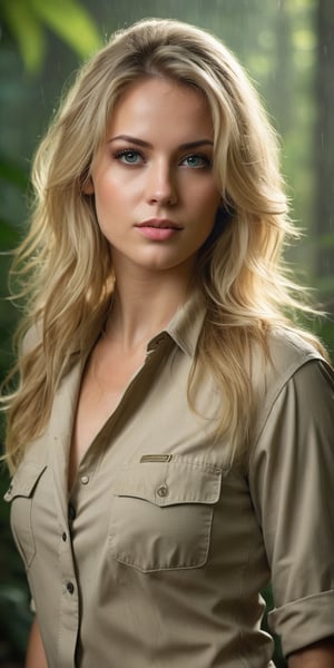 ultra photorealistic, photorealism, shot of a sexy beautiful woman, long blonde hair, (beautiful eyes) , hazy mood, cinematic dramatic lighting, (jungle background), sharp focus, (perfect real extremely details), amazing fine detail, hyper realistic lifelike texture, dramatic lighting, raining, full_figure, safari clothing, army boots, 
