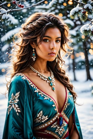 ((Generate hyper realistic captivating scene featuring a beautiful ice queen in ancient winter clothing)) rich intrincate detailed, long dark hair, 16k resolution, masterpiece, highly complex setting, dynamic lighting, breathtaking, cleavage, snowy mountains background