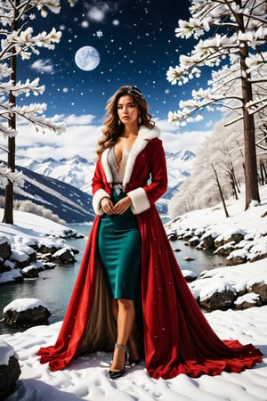 ((Generate hyper realistic captivating scene featuring a beautiful ice queen in ancient winter clothing)) rich intrincate detailed, long dark hair, 16k resolution, masterpiece, highly complex setting, dynamic lighting, breathtaking, cleavage, snowy mountains background