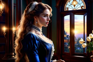 ((Generate realistic captivating scene featuring a beautiful victorian lady)), detailed, long hair, 16k resolution, masterpiece, complex setting, dynamic lighting, breathtaking, inside a victorian age house.