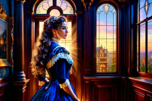 ((Generate realistic captivating scene featuring a beautiful victorian lady)), detailed, long hair, 16k resolution, masterpiece, complex setting, dynamic lighting, breathtaking, inside a victorian age house.