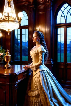 ((Generate hyper realistic captivating scene featuring a beautiful victorian lady)) rich intrincate detailed, long hair, 16k resolution, masterpiece, highly complex setting, dynamic lighting, breathtaking, inside a victorian age house.