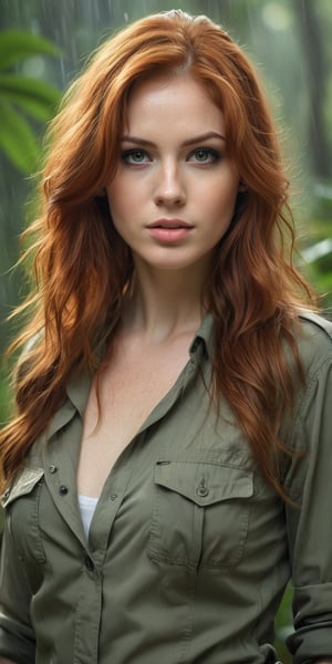 ultra photorealistic, photorealism, shot of a sexy beautiful woman, long hair, redhead, (beautiful eyes) , hazy mood, cinematic dramatic lighting, (jungle background), sharp focus, (perfect real extremely details), amazing fine detail, hyper realistic lifelike texture, dramatic lighting, raining, full_figure, safari clothing, army boots, 