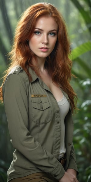 ultra photorealistic, photorealism, shot of a sexy beautiful woman, long hair, redhead, (beautiful eyes) , hazy mood, cinematic dramatic lighting, (jungle background), sharp focus, (perfect real extremely details), amazing fine detail, hyper realistic lifelike texture, dramatic lighting, raining, full_figure, safari clothing, army boots, 