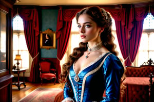 ((Generate realistic captivating scene featuring a beautiful victorian lady)), detailed, long hair, 16k resolution, masterpiece, complex setting, dynamic lighting, breathtaking, inside a victorian age house.