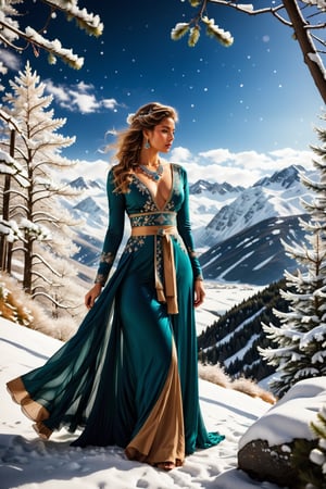 ((Generate hyper realistic captivating scene featuring a beautiful ice queen in ancient winter clothing)) rich intrincate detailed, long dark hair, 16k resolution, masterpiece, highly complex setting, dynamic lighting, breathtaking, cleavage, snowy mountains background