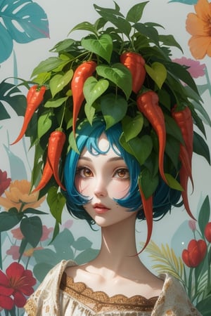Here is the image of a woman resembling a doll with paprika plants growing out of her head, featuring a whimsical and colorful background.






