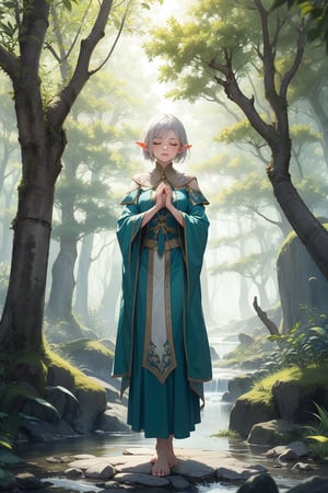 A beautiful elf with silver short hair is standing in a breathtakingly beautiful world, clasping her hands together in prayer. The scene captures a serene and mystical moment, as the elf's eyes are closed in deep contemplation, her delicate features bathed in a soft, ethereal light that seems to emanate from her very being. She is adorned in elegant, flowing robes that blend harmoniously with the natural surroundings—a lush, vibrant forest that seems alive with magic. The trees are towering and ancient, their leaves shimmering in shades of emerald and gold, casting dappled light upon the forest floor. The air is filled with the gentle sounds of nature: the whisper of the wind through the leaves, the distant call of mythical creatures, and the soft murmur of a nearby stream. Flowers of unearthly beauty bloom at the elf's feet, their colors bright and otherworldly. In the background, a majestic mountain range stretches towards the sky, its peaks crowned with snow, adding a sense of grandeur to the scene. The whole world seems to be holding its breath, waiting for the elf's prayer to be answered, creating a moment of peace and beauty that transcends time.