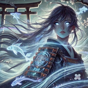 A samurai with flowing hair swept by an unseen wind, with subtle color gradients transitioning from deep midnight blue to pale silver. Her eyes glimmer with determination, reflecting a faint glow from the surrounding mystical energy. Tiny embers and motes of light float around her, adding a magical aura. The glowing patterns on her armor pulse rhythmically, appearing like veins of energy connecting her to the natural world. In the background, cherry blossoms spiral gently, some petals transforming into translucent koi fish that glow faintly before dissipating into mist. A torii gate encrusted with ancient glowing runes channels energy toward her. Faint echoes of ghostly lanterns appear in the distance, creating a sacred, supernatural atmosphere. Misty mountains in the background have subtle streams of flowing light cascading down, merging into the ground below, enhancing the dreamlike quality of the scene.