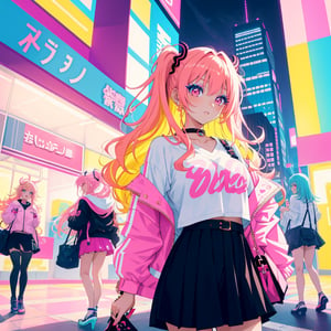 A dynamic and colorful image featuring a group of stylish girls in an anime style, each embodying different aspects of the gyaru (ギャル) fashion culture. The girls have bright, vibrant hair colors, including blonde, pink, and blue, with trendy and fashionable outfits like mini skirts, high heels, and flashy accessories. They are in a lively urban setting, surrounded by neon lights and modern buildings, exuding a fun and energetic vibe. Each girl has a unique look and personality, capturing the essence of the gyaru subculture with their bold makeup, confident expressions, and stylish poses.