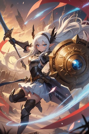 1girl, solo, long hair, looking at viewer, blue eyes, hair ornament, thighhighs, holding, standing, weapon, white hair, hairband, boots, pointy ears, sword, holding weapon, armor, thigh boots, holding sword, elf, gauntlets, shield, holding shield