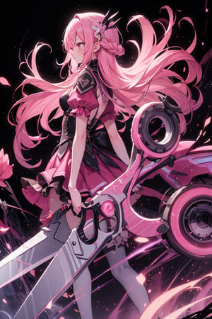 Super detailed and microscopic illustration, pink haired woman, carrying giant scissors on her shoulder, super huge scissors, super beautifully decorated scissors, scissors that glow pink, scissors as a weapon, dynamic motion, fluorescent pink aura, anime style, looking back pose, giant scissors are stored on her back like a giant funnel, scissors that can be used as a weapon are stored on her back