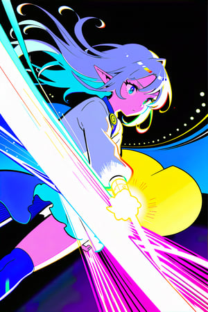 A silver-haired elf that appears to be made of light, with a dress made of luminous rainbow-colored light, set against a black background. The dress is dynamic and glowing with vibrant neon colors, creating a vector-style image with bright, radiant details. The elf is in a dynamic motion, engaging in a battle with beautiful large blue eyes that glow brilliantly. A rainbow-colored glowing aura surrounds and decorates the entire scene. The elf is holding an ultra-thick, heavy, and large longsword with a blade decorated in a cyberpunk style. The entire image is drawn using thick light, with the elf's face also glowing brightly.