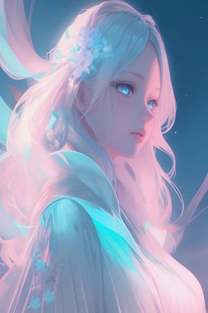 1girl, solo, long hair, blue eyes, hair ornament, upper body, flower, white hair, sky, hair flower, lips, glowing, star \(sky\), starry sky