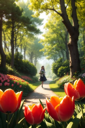 
colorful, blooming, tulips, whimsical, elf, petite, magical, forest, sunlight, dappled, shadows, vibrant, foliage, enchanted, serene