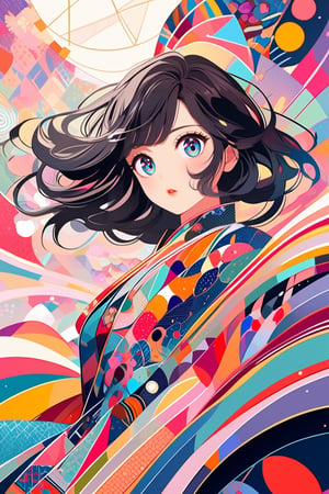 Super detailed macro detail, exquisite anime style illustration of a woman with dark hair and large hollow eyes, she is wearing a very detailed colorful dress with geometric and floral patterns. She is in a dynamic pose. The background features abstract pastel shapes and lines that give it a modern and artistic feel. Painted in a colorful Japanese style.