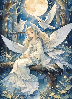 A beautiful woman using an owl in a fantasy setting. The woman has long flowing hair, wears an elegant dress with intricate patterns, and has a calm and confident expression. The owl is perched on her arm, with its wings slightly spread, showcasing its majestic feathers. The background features a mystical forest with a glowing moon and sparkling stars. The scene is illuminated with a soft, ethereal light, creating an enchanting atmosphere.