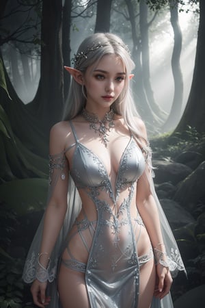 silver hair, elf, electric glowing dress, gorgeous dress, ultra intricate decorations dress, standing pose, looking forward, elegant stance, soft ambient lighting, glowing highlights on the dress, fantasy lighting, fantasy theme, ethereal atmosphere, detailed background, mystical forest setting