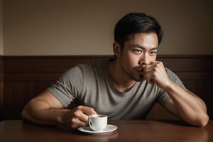 A masterpiece. Lifelike portrait of Buffy, Asian Man, drinking coffee, sharp jaws, dark eyebrows, dining table , sleepy eyes 