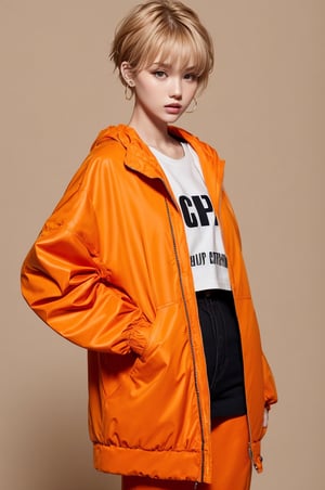 Orange jacket , girl, oversized clothes, blurry background, short ash hair, earphone 