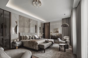 luxurious bedroom interior,  ((masterpiece)), high quality, raw photo, ((best quality)),   ,High detailed ,walnut,interior,Interior ,housearch_nordic,design,Indoor Grey
