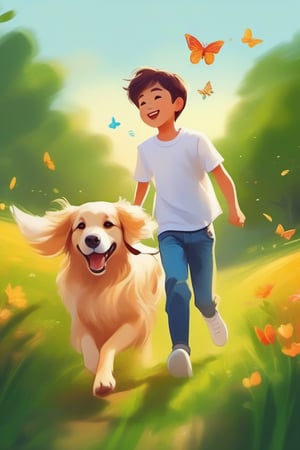 Park walking dog, green grass, golden retriever dog chasing butterflies, happy, Chinese boy wearing white shirt, jeans, white sneakers, leading the dog to run together(Cartoonish, artistic style, bright colors warm, soft lines and edges, high saturation, bright light and shadow effects, fantasy, natural environment)