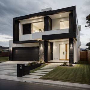 modern house with a white front, in the style of moody lighting, light yellow and dark bronze, textural
detail, clear edge definition, organic stone carvings, in the mountain cliff next to sea, multi-coloured
minimalism, Realism, a man black face