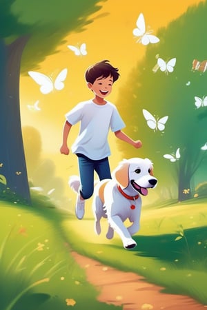 Cartoonish, artistic style, bright colors warm, soft lines and edges, high saturation, bright light and shadow effects, fantasy, natural environment,
Park walking dog, green grass, golden retriever dog chasing butterflies, happy, Chinese boy wearing white shirt, jeans, white sneakers, leading the dog to run together